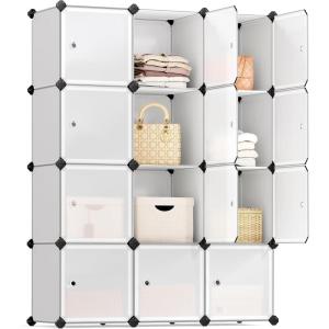 imageSONGMICS Cube Storage Organizer Set of 16 Plastic Cubes Closet Storage Shelves DIY Plastic Closet Cabinet Modular Bookcase Shelving with Doors for Bedroom Living Room White ULPC44BSV1White
