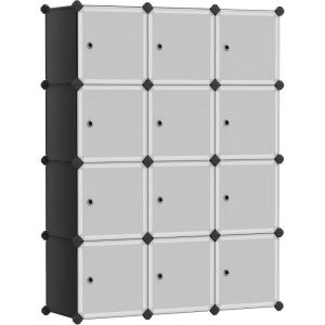 imageSONGMICS Cube Storage Organizer Set of 16 Plastic Cubes Closet Storage Shelves DIY Plastic Closet Cabinet Modular Bookcase Shelving with Doors for Bedroom Living Room White ULPC44BSV1Black  White