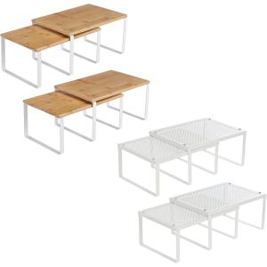 imageSONGMICS Expandable Spice Racks Bundle Set of 4 Metal Kitchen Counter Shelves and Set of 4 Metal and Bamboo Spice Racks Stackable Cabinet Shelf Organizers White and Natural UKCS006W01 and UKCS010N0