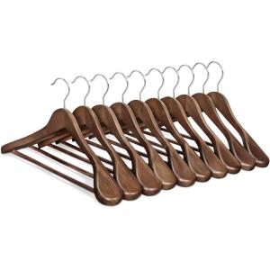 imageSONGMICS Extra Wide Wooden Suit Hangers Set of 10 Clothes Hangers Swivel Hooks NonSlip Bars for Outfits Suits Coats Shirts Dresses Walnut Color UCRW050KZ01Walnut Color