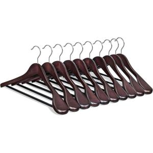 imageSONGMICS Extra Wide Wooden Suit Hangers Set of 10 Clothes Hangers Swivel Hooks NonSlip Bars for Outfits Suits Coats Shirts Dresses Walnut Color UCRW050KZ01Mahogany