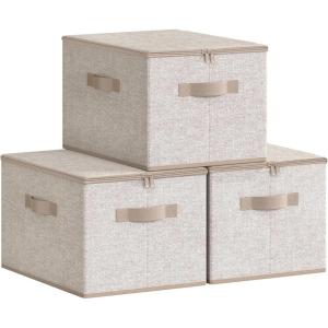 imageSONGMICS Foldable Storage Organizer Boxes Set of 6 Storage Basket Bins with Lids Handles Clothes Organizer 157 x 118 x 98 Inches NonWoven Fabric Slate Gray URZB003G02Summer Sand