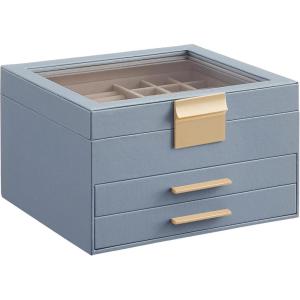 imageSONGMICS GISELLA Collection  Jewelry Box Organizer 3Layer Jewelry Storage with 2 Drawers Shiny Metal Hardware Glass Lid Modern 8 x 91 x 53 Inches Jelly Pink and Gold Color UJBC239SA01SSmoky Blue  Gold