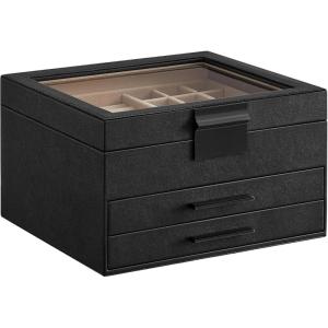 imageSONGMICS GISELLA Collection  Jewelry Box Organizer 3Layer Jewelry Storage with 2 Drawers Shiny Metal Hardware Glass Lid Modern 8 x 91 x 53 Inches Jelly Pink and Gold Color UJBC239SA01SInk Black  Silver