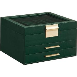 imageSONGMICS GISELLA Collection  Jewelry Box Organizer 3Layer Jewelry Storage with 2 Drawers Shiny Metal Hardware Glass Lid Modern 8 x 91 x 53 Inches Jelly Pink and Gold Color UJBC239SA01SForest Green  Gold