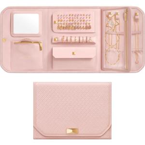 imageSONGMICS HOME Travel Jewelry Case Foldable Jewelry Organizer with Mirror Sectioned Storage Large Capacity Woven Embossed PU Leather Gift Idea Jelly Pink UJBC196R01Jelly Pink