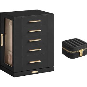 imageSONGMICS Jewelry Box 360 Rotating and PU Travel Jewelry Box Bundle Jewelry Storage Case with 5 Drawers Jewelry Organizer Glass Window Gift Graphite Black and Ink Black UJBC170B01 and UJBC179B01