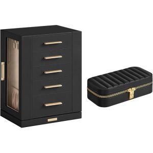 imageSONGMICS Jewelry Box 360 Rotating and PU Travel Jewelry Box Bundle Jewelry Storage Case with 5 Drawers Jewelry Organizer Glass Window Gift Graphite Black and Ink Black UJBC170B01 and UJBC180B01