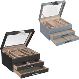 imageSONGMICS Jewelry Box Bundle 2 Jewelry Organizers with Glass Lids 2 Drawers Each for Loved Ones Black and Smoky Blue UJBC239BK and UJBC239BU