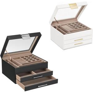 imageSONGMICS Jewelry Box Bundle 2 Jewelry Organizers with Glass Lids 2 Drawers Each for Loved Ones Black and White UJBC239BK and UJBC239WT