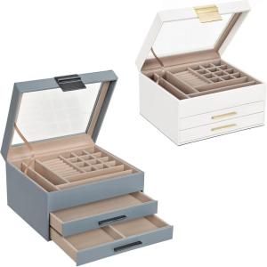 imageSONGMICS Jewelry Box Bundle 2 Jewelry Organizers with Glass Lids 2 Drawers Each for Loved Ones Smokey Blue and White UJBC239WT and UJBC239BU