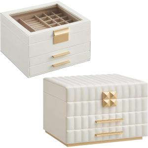 imageSONGMICS Jewelry Box with Glass Lid and Jewelry Organizer with Mirror Bundle 3Tier with Drawers PU Surface with Stitching Modern Gift Idea Cloud White UJBC239WT and UJBC183W01