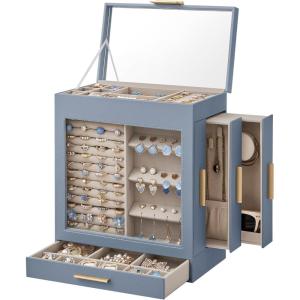 imageSONGMICS Jewelry Box with Glass Window 5Layer Jewelry Organizer with 3 Side Drawers Jewelry Storage with Big Mirror Modern 61 x 103 x 126 Inches Smoky Blue and Metallic Gold UJBC162Q01Smoky Blue  Metallic Gold