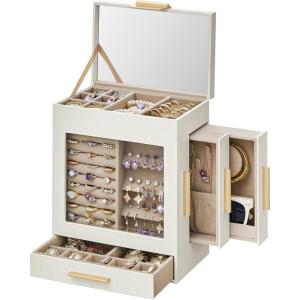 imageSONGMICS Jewelry Box with Glass Window 5Layer Jewelry Organizer with 3 Side Drawers Jewelry Storage with Big Mirror Modern 61 x 103 x 126 Inches Smoky Blue and Metallic Gold UJBC162Q01Cloud White  Metallic Gold