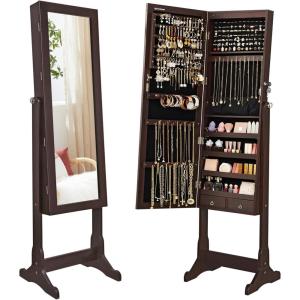 imageSONGMICS Jewelry Cabinet with 6 LED Lights Lockable Mirrored Jewelry Armoire Organizer 2 Drawers Brown UJJC94KBrown