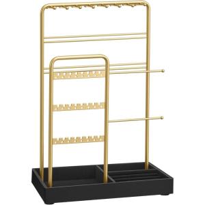 imageSONGMICS Jewelry Holder Jewelry Organizer Display Stand with Metal Frame Velvet Tray Necklace Earring Bracelet Holder for Studs Rings Gift Idea Pale Gold and Ink Black UJJS021AB02Pale Gold  Ink Black