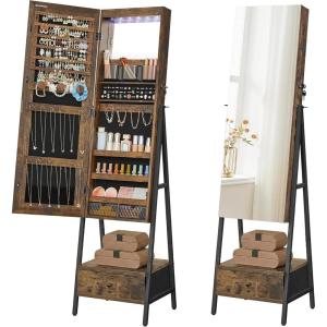 imageSONGMICS LED Mirror Jewelry Cabinet Standing Lockable Jewelry Armoire with FullLength Mirror SpaceSaving Jewelry Organizer with Mirror Drawer and Shelf Toasted Oak Color UJJC025N01Rustic Brown