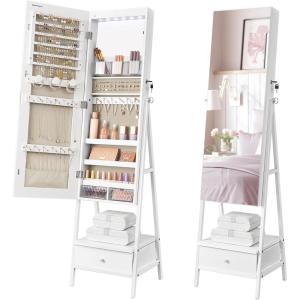 imageSONGMICS LED Mirror Jewelry Cabinet Standing Lockable Jewelry Armoire with FullLength Mirror SpaceSaving Jewelry Organizer with Mirror Drawer and Shelf Toasted Oak Color UJJC025N01Cloud White