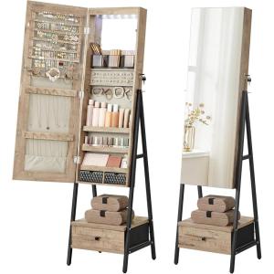 imageSONGMICS LED Mirror Jewelry Cabinet Standing Lockable Jewelry Armoire with FullLength Mirror SpaceSaving Jewelry Organizer with Mirror Drawer and Shelf Toasted Oak Color UJJC025N01Toasted Oak