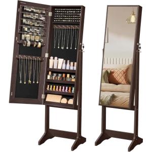 imageSONGMICS Mirror Jewelry Cabinet Armoire Standing FullLength Mirror Lockable Jewelry Organizer Gift Idea Brown Surface and Black Lining UJJC69BRBrown