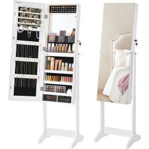 imageSONGMICS Mirror Jewelry Cabinet Standing Armoire Organizer Jewelry Storage with FullLength Frameless LED Lights Builtin Makeup Mirror 2 Drawers Lockable White UJJC023W01White