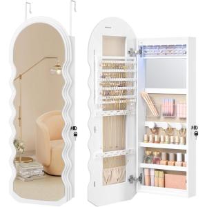 imageSONGMICS Mirror Jewelry Cabinet Wall Mounted Over the Door Hanging LED Jewelry Organizer Lockable Wavy Wide Mirror with Storage Interior Lights 39 x 165 x 425 Inches White UJJC031W01White