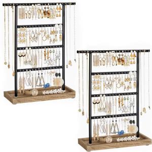 imageSONGMICS Set of 2 Jewelry Holders Organizers 3 Tiers and 1 Tray Jewelry Display Stands with Metal Frame Necklace Earring Bracelet Holder for Rings Ink Black and Caramel Brown UJJS03CB2JWood Color  Black