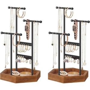 imageSONGMICS Set of 2 Jewelry Holders Organizers 3 Tiers and 1 Tray Jewelry Display Stands with Metal Frame Necklace Earring Bracelet Holder for Rings Ink Black and Caramel Brown UJJS03CB2JInk Black  Caramel Brown