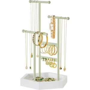 imageSONGMICS Set of 2 Jewelry Holders Organizers 3 Tiers and 1 Tray Jewelry Display Stands with Metal Frame Necklace Earring Bracelet Holder for Rings Pale Gold and White UJJS003A012JLaurel Green  Cloud White