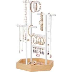 imageSONGMICS Set of 2 Jewelry Holders Organizers 3 Tiers and 1 Tray Jewelry Display Stands with Metal Frame Necklace Earring Bracelet Holder for Rings Pale Gold and White UJJS003A012JMatte White  Natural Beige