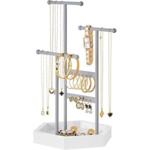 imageSONGMICS Set of 2 Jewelry Holders Organizers 3 Tiers and 1 Tray Jewelry Display Stands with Metal Frame Necklace Earring Bracelet Holder for Rings Pale Gold and White UJJS003A012JDove Gray  Cloud White