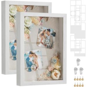 imageSONGMICS Shadow Box Frame Set of 2 13Inch Deep Memory Display Case for Desk Wall Decor Box Picture Photo Frame with 8 Wood Push Pins 6 Mats 3 NonTrace Nails Gift Rustic WhiteRustic White