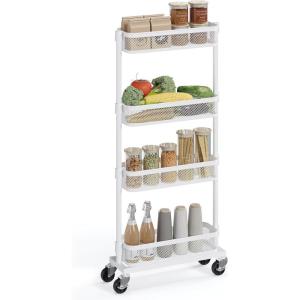 imageSONGMICS Slim Storage Cart 4Tier Metal Rolling Cart with Wheels Flexible Baskets Narrow Cart for Kitchen Bathroom Laundry Room Easy Assembly White UBSC065W01White