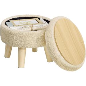 imageSONGMICS Storage Ottoman Foot Stool Round Ottoman with Padded Seat Foot Rest with Wood Legs Small Table for Hallway Living Room 122 Inches Velvet Cream White ULOM513LH01Summer Sand