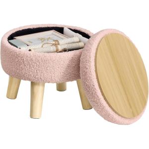 imageSONGMICS Storage Ottoman Foot Stool Round Ottoman with Padded Seat Foot Rest with Wood Legs Small Table for Hallway Living Room 122 Inches Velvet Cream White ULOM513LH01Jelly Pink