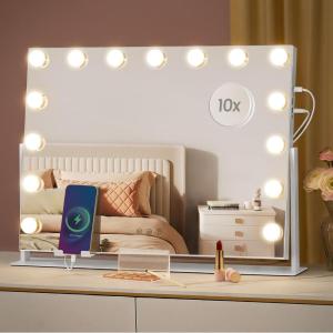 imageSONGMICS Vanity Makeup Mirror with Lights Touch Control AngleAdjustable Charging Ports Detachable 10X Magnifying Mirror 3 Color Temperatures Dimmable Phone Holder Matte White ULWM002W01V1LED Bulbs