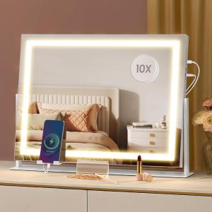 imageSONGMICS Vanity Makeup Mirror with Lights Touch Control AngleAdjustable Charging Ports Detachable 10X Magnifying Mirror 3 Color Temperatures Dimmable Phone Holder Matte White ULWM002W01V1LED Strip