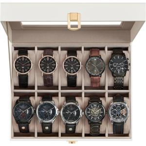imageSONGMICS Watch Box 12Slot Watch Case Organizer with Large Glass Lid Removable Pillows Gift for Loved Ones Coffee Brown Synthetic Leather Coffee Brown Lining UJWB120KQ01SCloud White  Cappuccino Beige