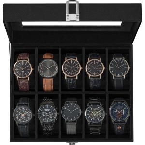 imageSONGMICS Watch Box 12Slot Watch Case Organizer with Large Glass Lid Removable Pillows Gift for Loved Ones Coffee Brown Synthetic Leather Coffee Brown Lining UJWB120KQ01SBlack  Black