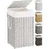 imageSONGMICS Laundry Hamper with Lid 172 Gallon 65L Synthetic Rattan Clothes Laundry Basket with Lid and Handles Foldable Removable Liner Summer Sand ULCB165LZ01Cloud White