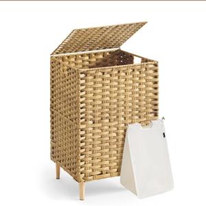 imageSONGMICS 2Section Laundry Hamper with Lid 29 Gal 110L PE Rattan Laundry Basket with Removable Washable Liners for Bedroom amp Living Room Goose Yellow ULCB222YE01Goose Yellow