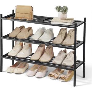 imageSONGMICS Bamboo Shoe Rack for Closet Stackable Shoe Oragnizer with Modular Structure SpaceSaving Free Standing Shelf for Entryway Bedroom 3Tier Holds 1216 Pairs Natural Color ULBS053YL01Ink Black