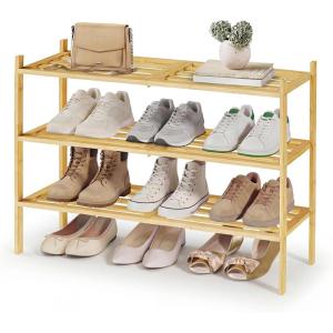 imageSONGMICS Bamboo Shoe Rack for Closet Stackable Shoe Oragnizer with Modular Structure SpaceSaving Free Standing Shelf for Entryway Bedroom 3Tier Holds 1216 Pairs Natural Color ULBS053YL01Natural