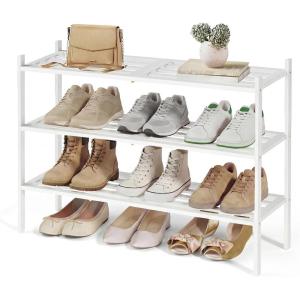 imageSONGMICS Bamboo Shoe Rack for Closet Stackable Shoe Oragnizer with Modular Structure SpaceSaving Free Standing Shelf for Entryway Bedroom 3Tier Holds 1216 Pairs Natural Color ULBS053YL01Cloud White