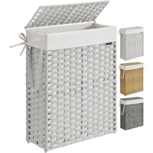 imageSONGMICS Laundry Hamper with Lid 172 Gallon 65L Synthetic Rattan Clothes Laundry Basket with Lid and Handles Foldable Removable Liner Summer Sand ULCB165LZ01Cloud White