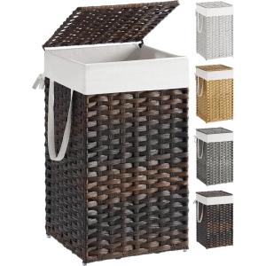 imageSONGMICS Laundry Hamper with Lid 172 Gallon 65L Synthetic Rattan Clothes Laundry Basket with Lid and Handles Foldable Removable Liner Summer Sand ULCB165LZ01Chestnut Brown