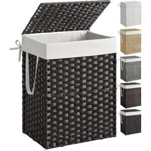 imageSONGMICS Laundry Hamper with Lid 172 Gallon 65L Synthetic Rattan Clothes Laundry Basket with Lid and Handles Foldable Removable Liner Summer Sand ULCB165LZ01Black