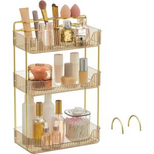imageSONGMICS Makeup Organizer 3Tier Skincare Organizer Countertop Customizable 2 Types of Accessories Jewelry Holder for Vanity Bedroom Bathroom Pale Green UJKA013C01Champagne Gold