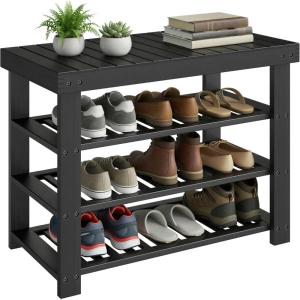 imageSONGMICS Shoe Rack Bench 4 Tier Bamboo Shoe Storage Organizer Entryway Bench for Living Room Bathroom Bedroom 113 x 276 x 205 Inches Ink Black ULBS370BH01Ink Black