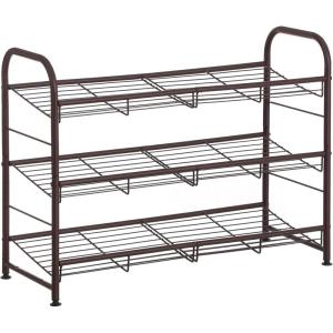 imageSONGMICS Stackable Shoe Rack 3 Tier Metal Shoes Rack Storage Shelf Holds up to 15 Pairs Adjustable Slanted Shelves Tower Organizer for Closet Entryway Small Spaces Black ULMR106BD01Bronze